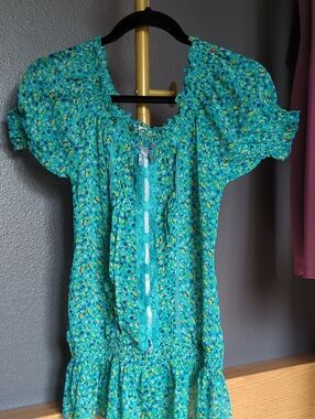 Floral Smocked Teal Peasant Blouse with Ribbon Trim Size S